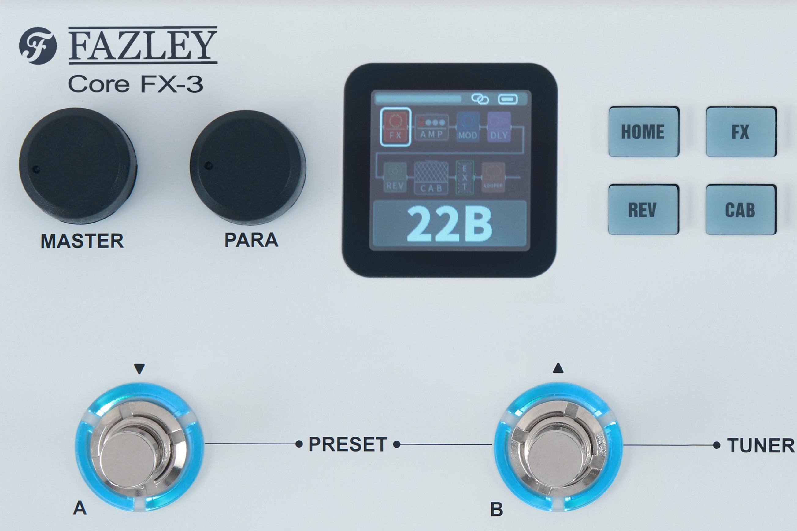 Gros plan sur la pédale multi-effets Fazley Core-FX3