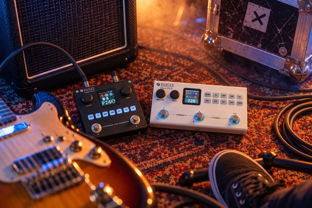 Fazley Core-FX2 en Core-FX3 multi-effectpedalen op de vloer naast een gitaarversterker